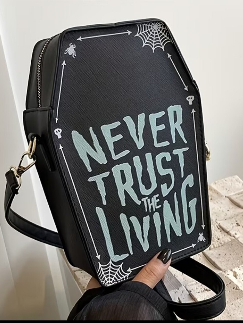 Never Trust the Living Black Coffin Crossbody Bag